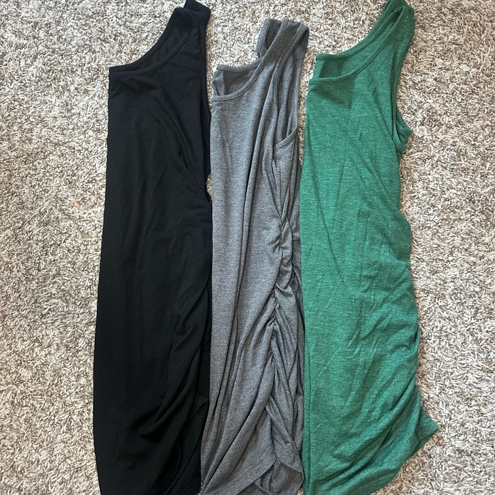 Temu MATERNITY tanks in Black, Gray, and Green